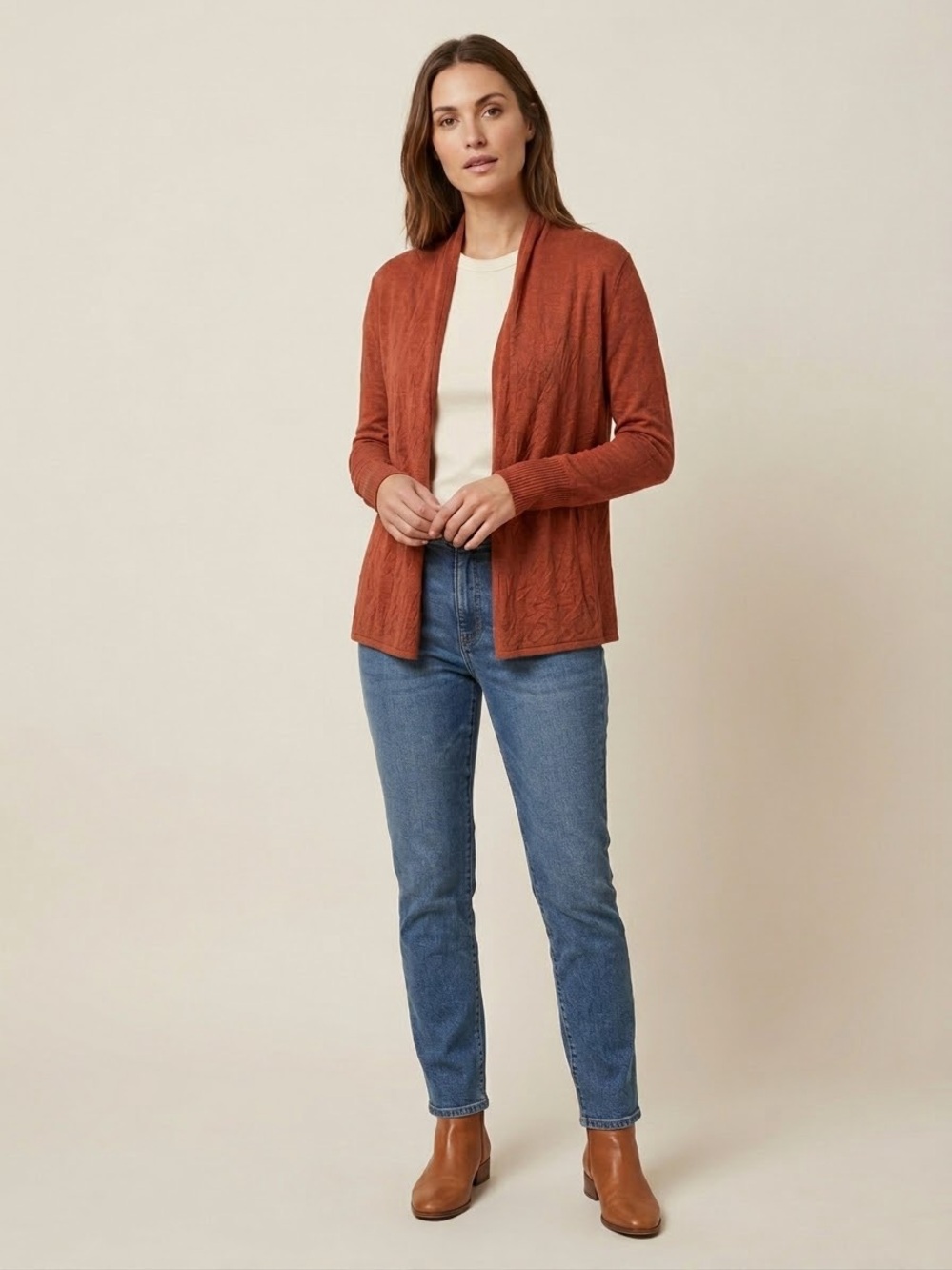 Joan Vass New York Open Front Lightweight Knit Cardigan Sweater Mid Hip Length
